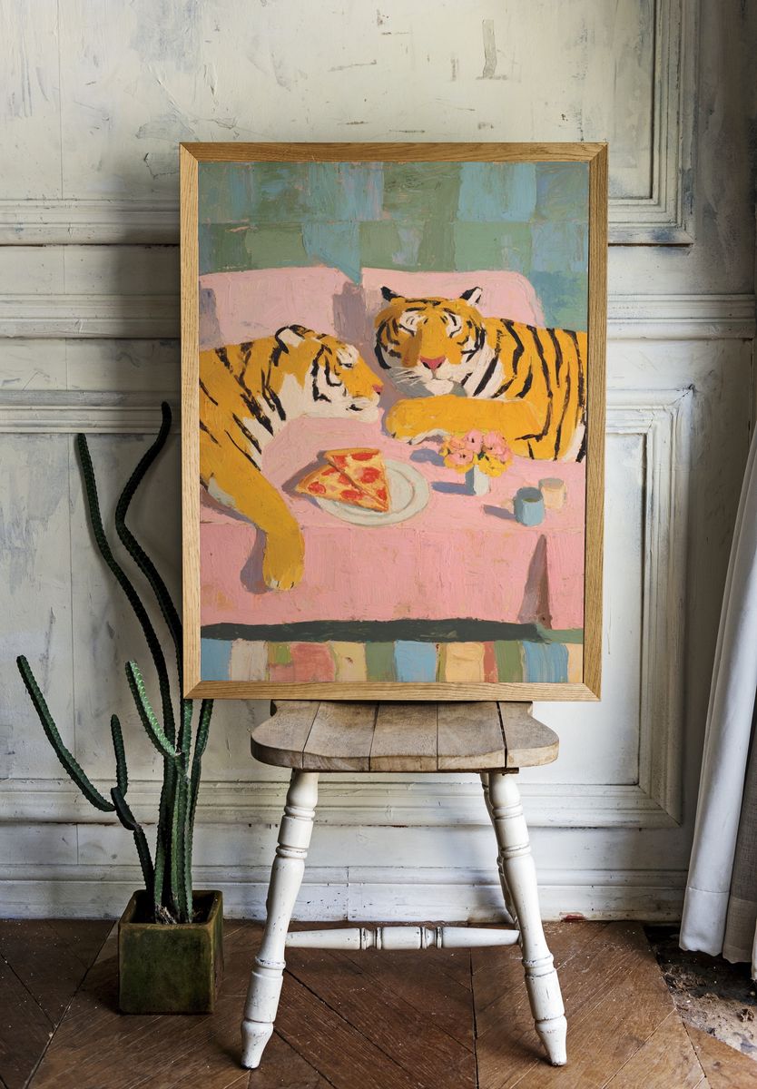 Tigers Enjoying Pizza — Illustration Print room preview
