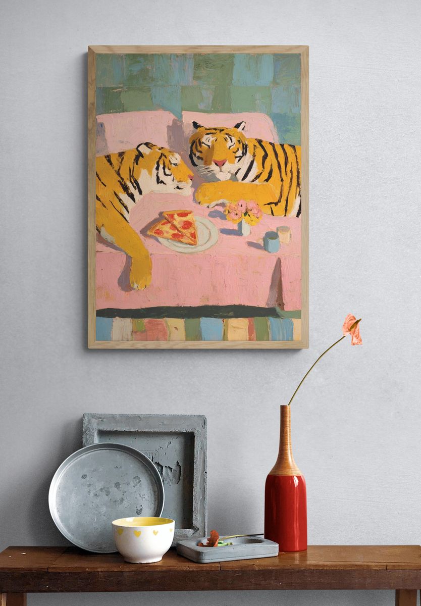 Tigers Enjoying Pizza — Illustration Print. — room view 3