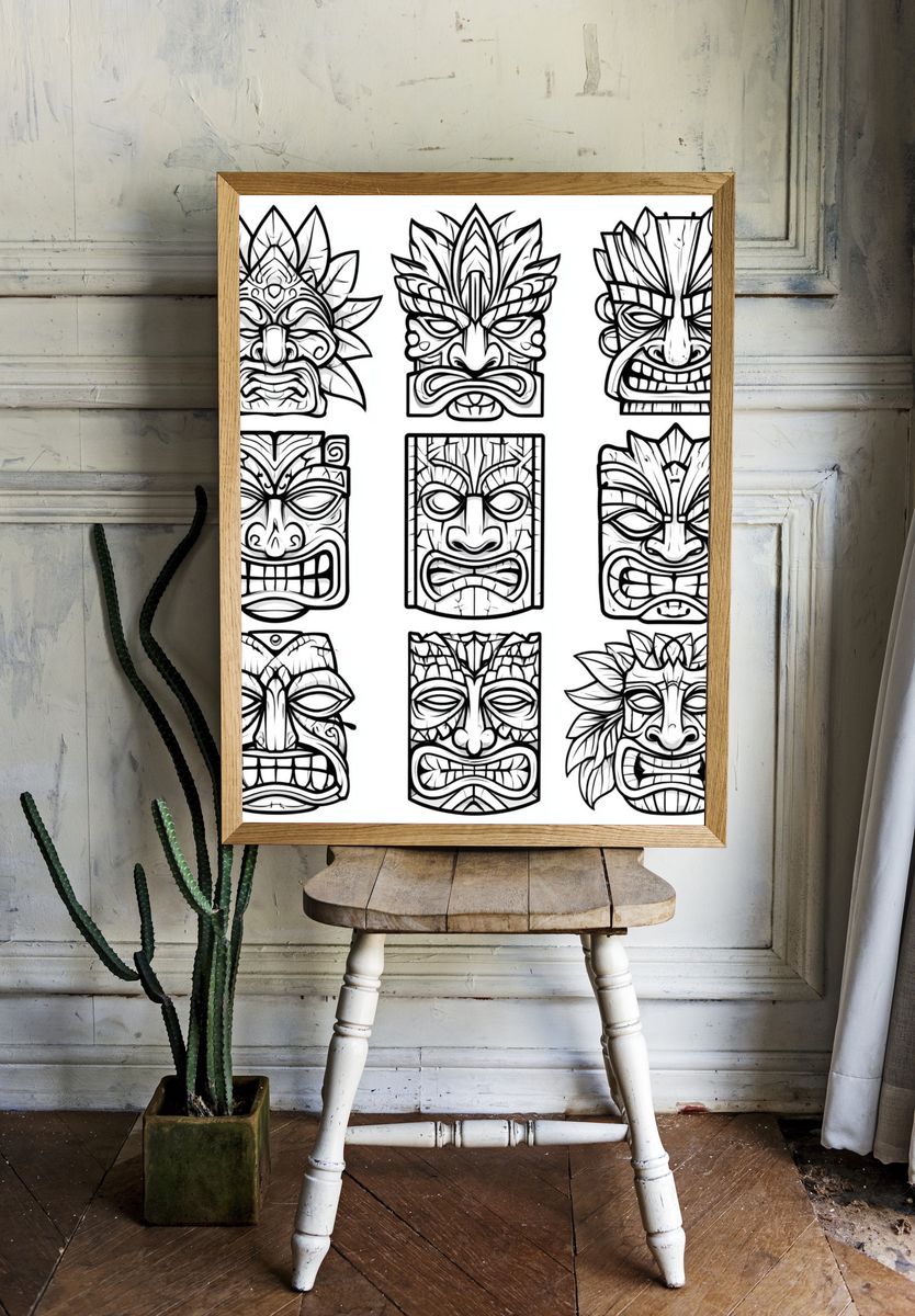 Tiki Mask Line Art Poster. room preview
