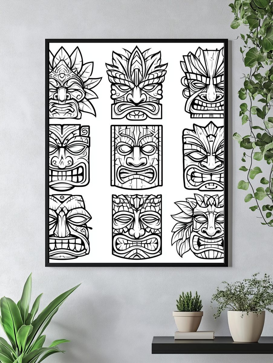 Tiki Mask Line Art Poster. — room view 4