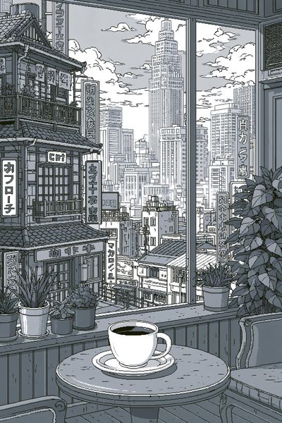 Tokyo Cafe Skyline Illustration Print. poster
