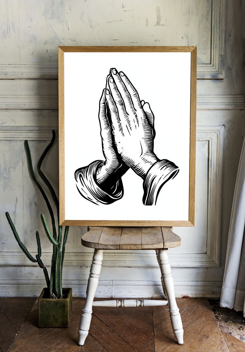 Praying Hands Line Art Poster. — room view 1