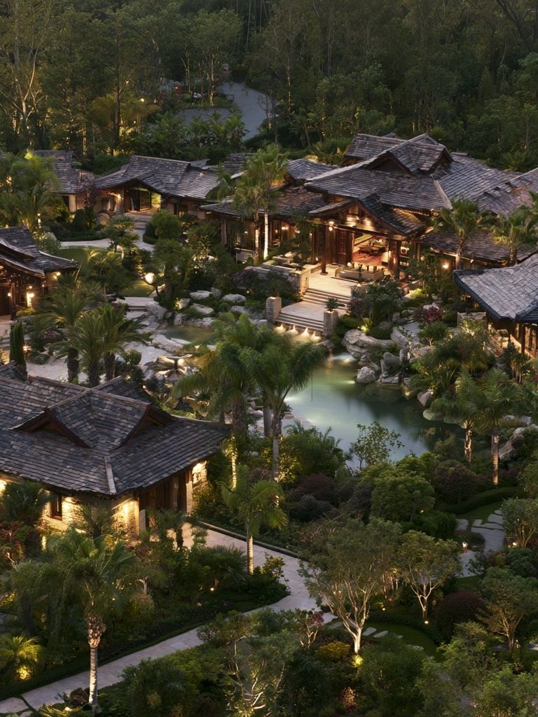 Tropical Resort at Dusk Photography Poster. poster detail