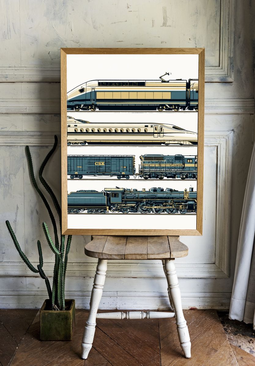 Vintage Trains Illustration Poster. — room view 1