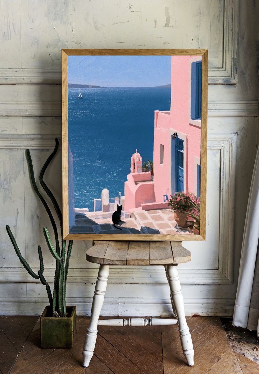 Santorini Seaside Alley Print. — room view 1