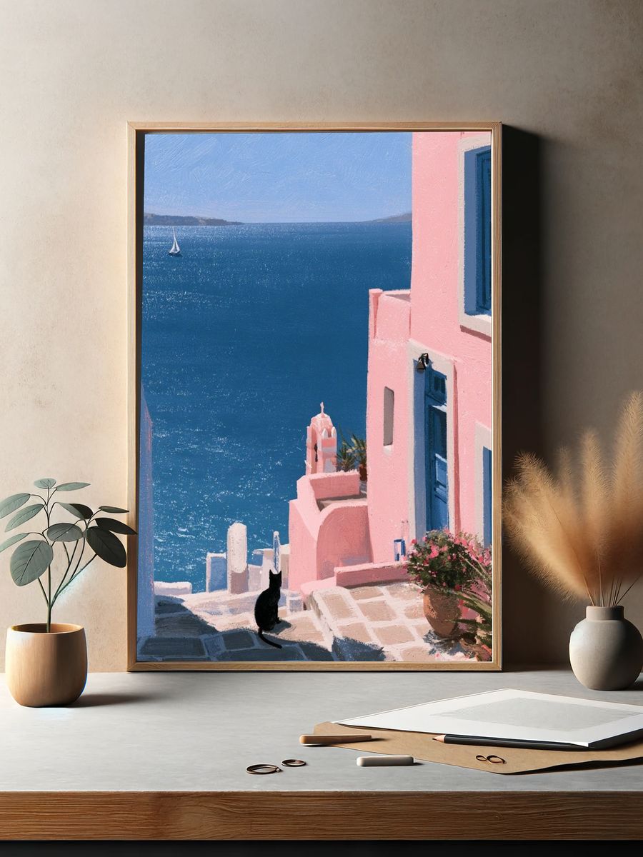 Santorini Seaside Alley Print. — room view 2