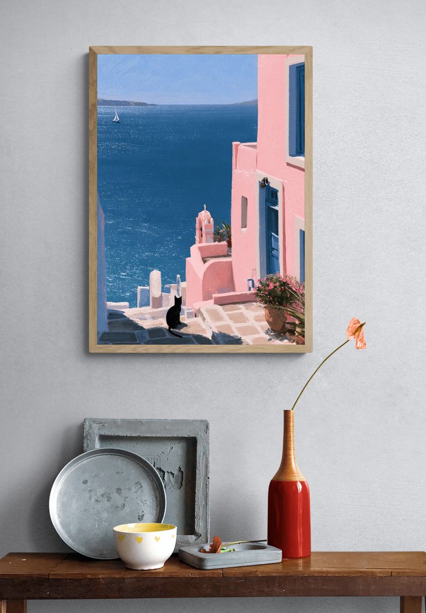 Santorini Seaside Alley Print. — room view 3