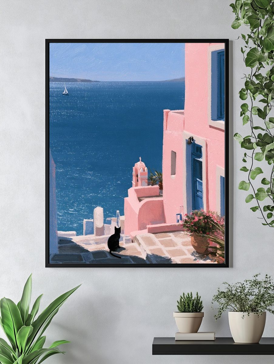 Santorini Seaside Alley Print. — room view 4