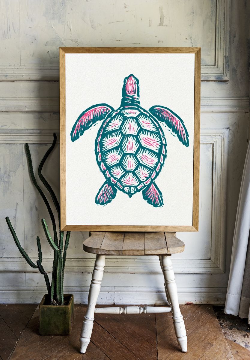 Sea Turtle Linocut Print. room preview