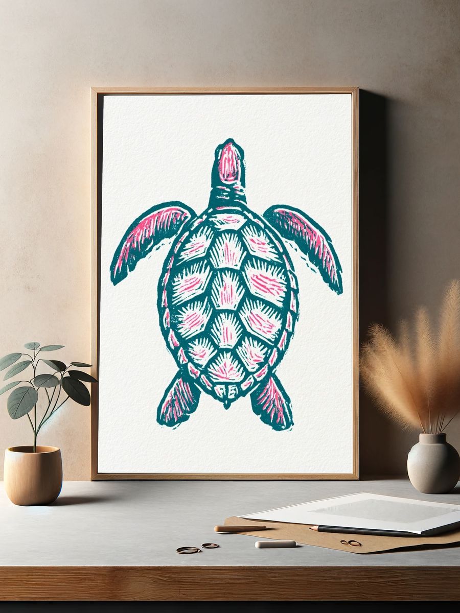 Sea Turtle Linocut Print. — room view 2