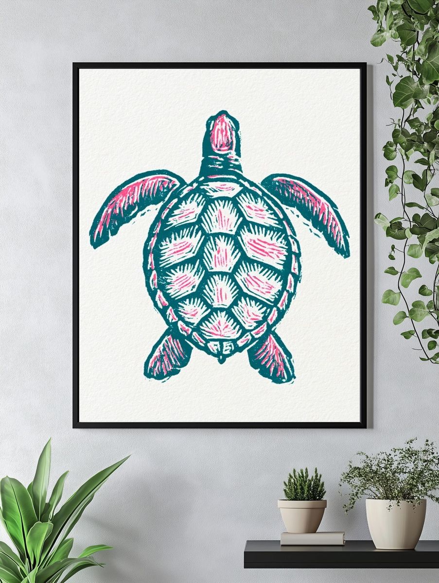 Sea Turtle Linocut Print. — room view 4