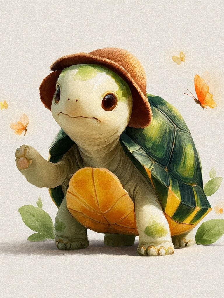 Turtle with Hat Watercolor Print. poster — animals art
