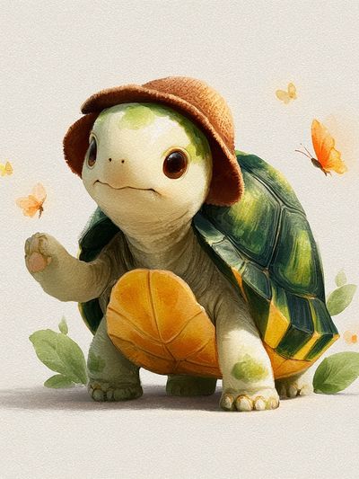 Turtle with Hat Watercolor Print. poster