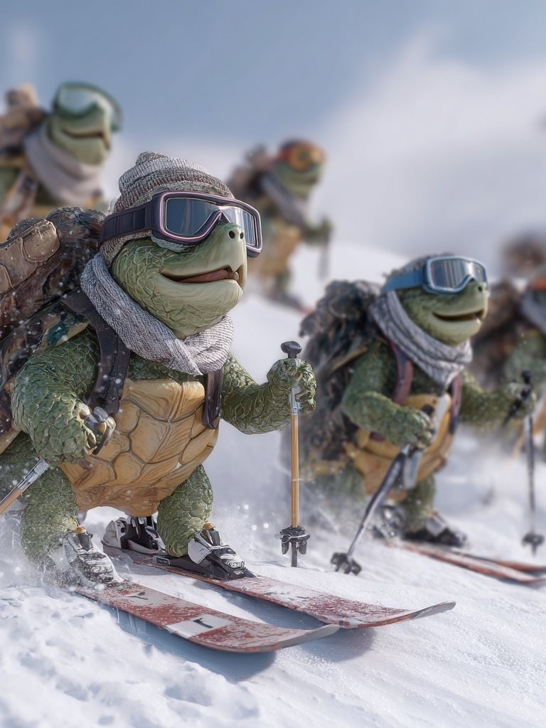 Skiing Turtles — Cartoon Print. poster — illustration art
