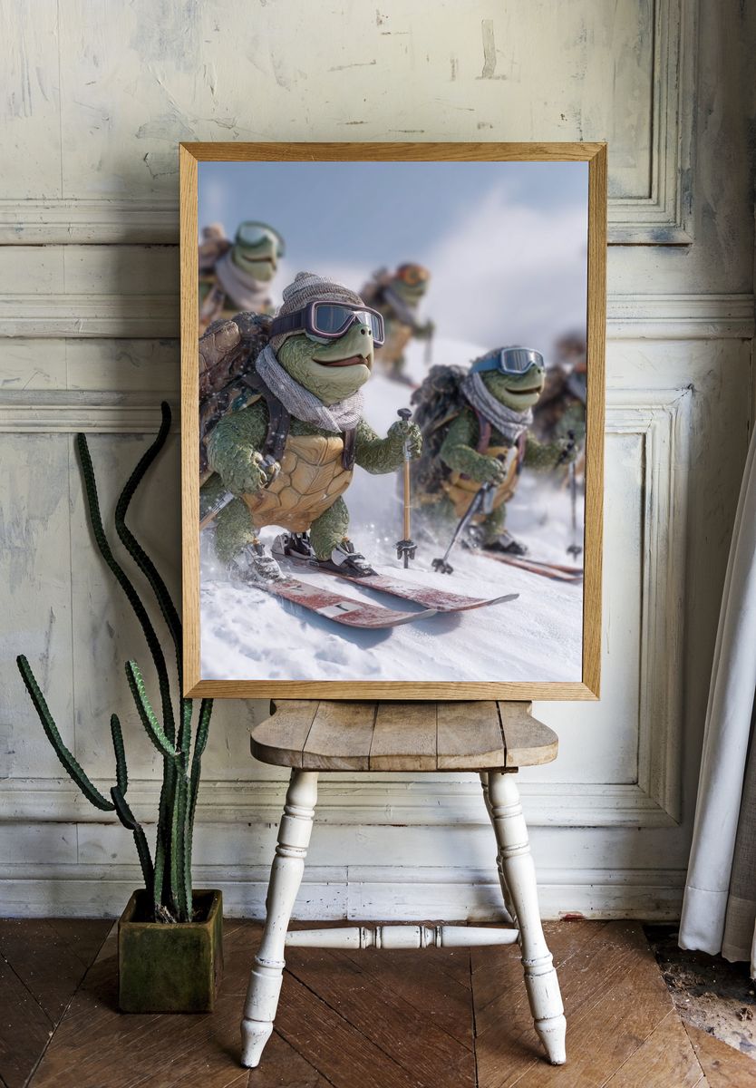 Skiing Turtles — Cartoon Print room preview