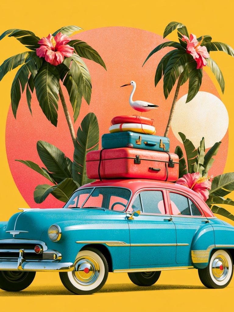 Tropical Vintage Car Poster. poster detail