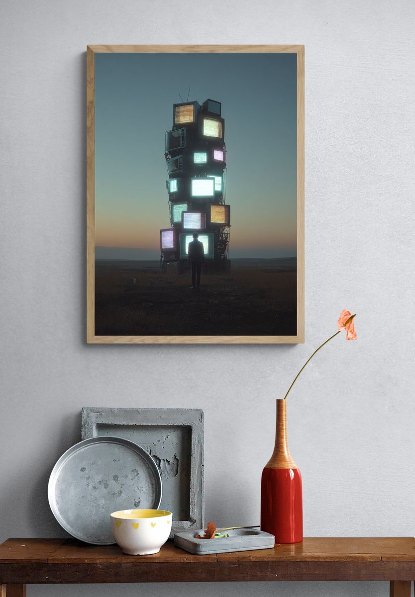 Tower of TVs — Surrealism Print. — room view 3