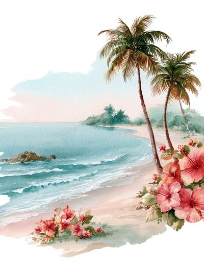 Tropical Beach Watercolor Poster.