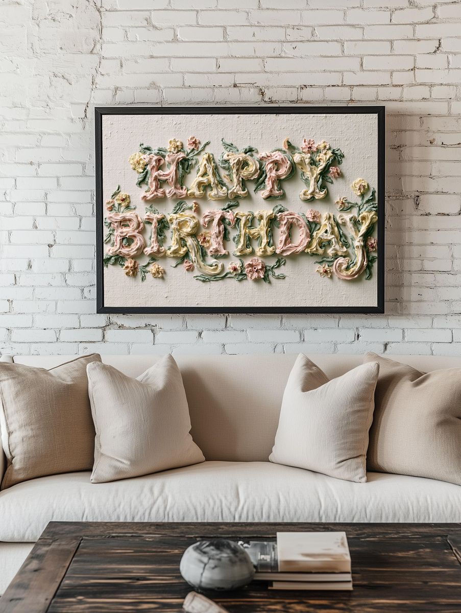 Happy Birthday Floral Typography Poster. — room view 1