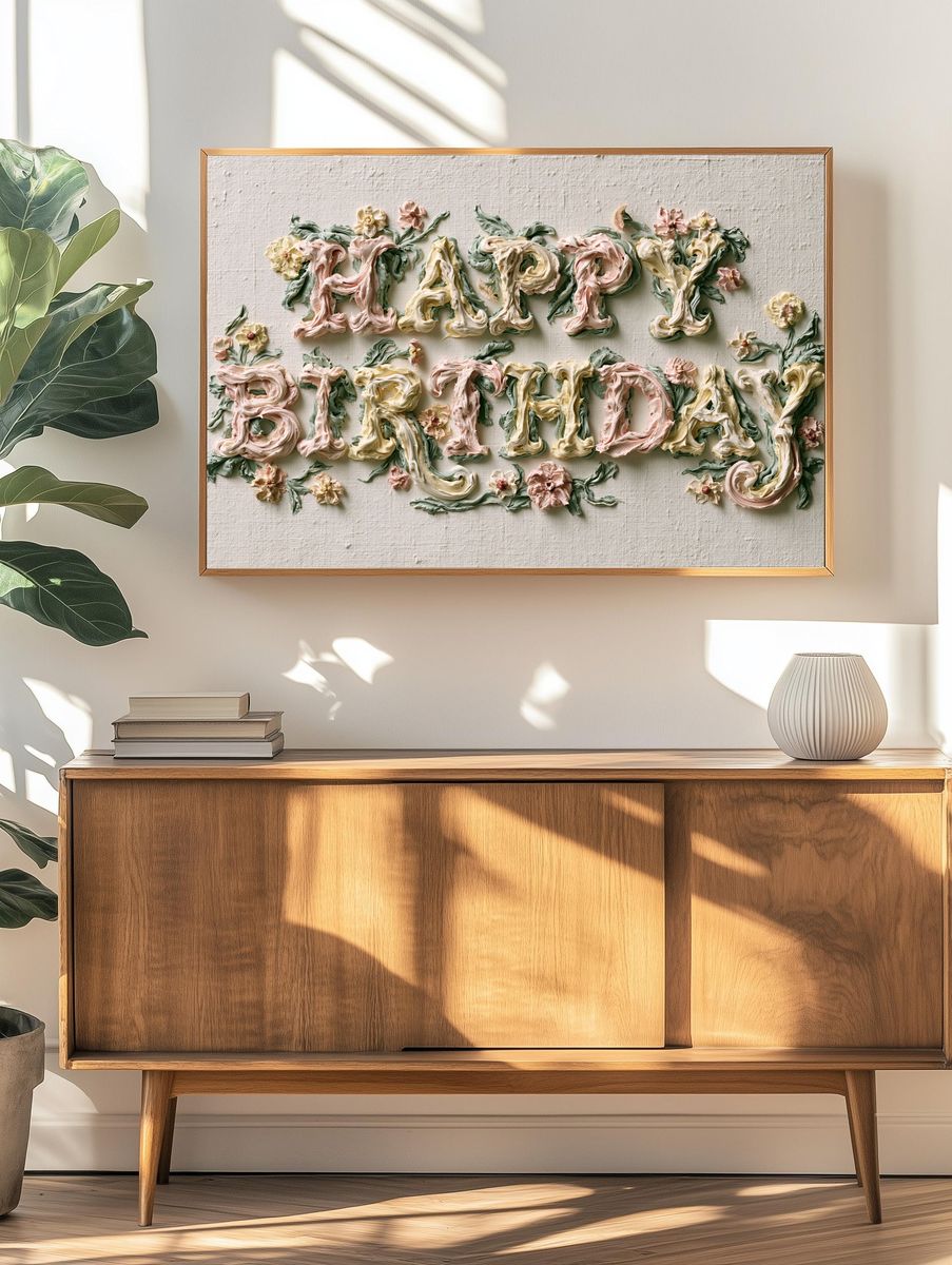 Happy Birthday Floral Typography Poster. — room view 3