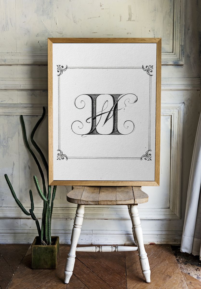 Ornate Monogram H Typography Print. — room view 1