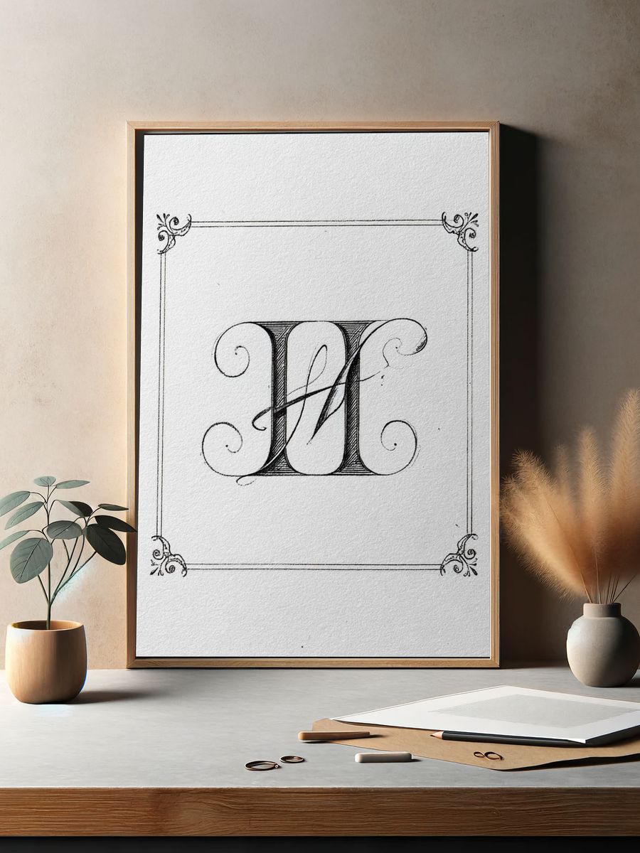 Ornate Monogram H Typography Print. — room view 2
