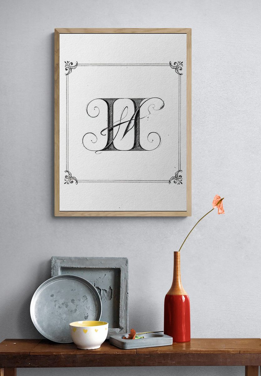 Ornate Monogram H Typography Print. — room view 3