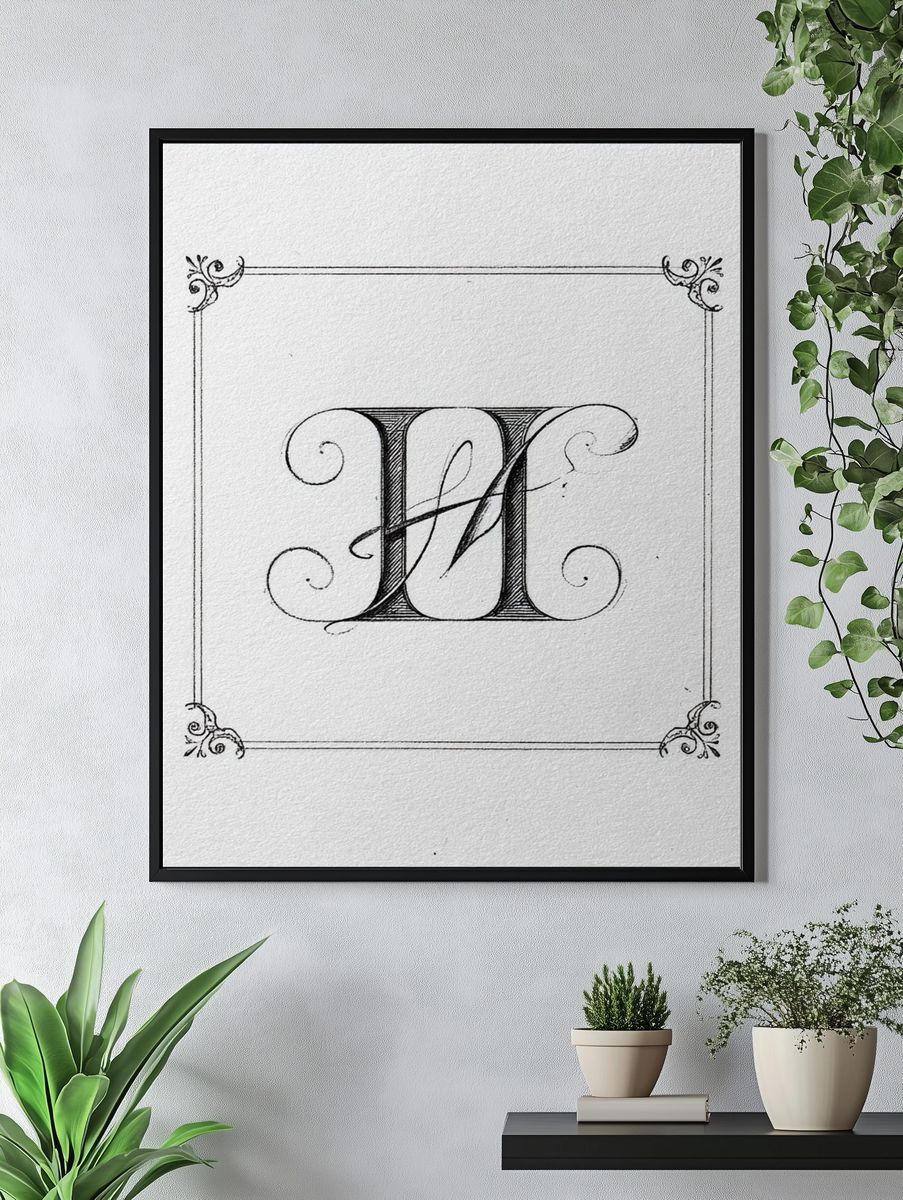 Ornate Monogram H Typography Print. — room view 4