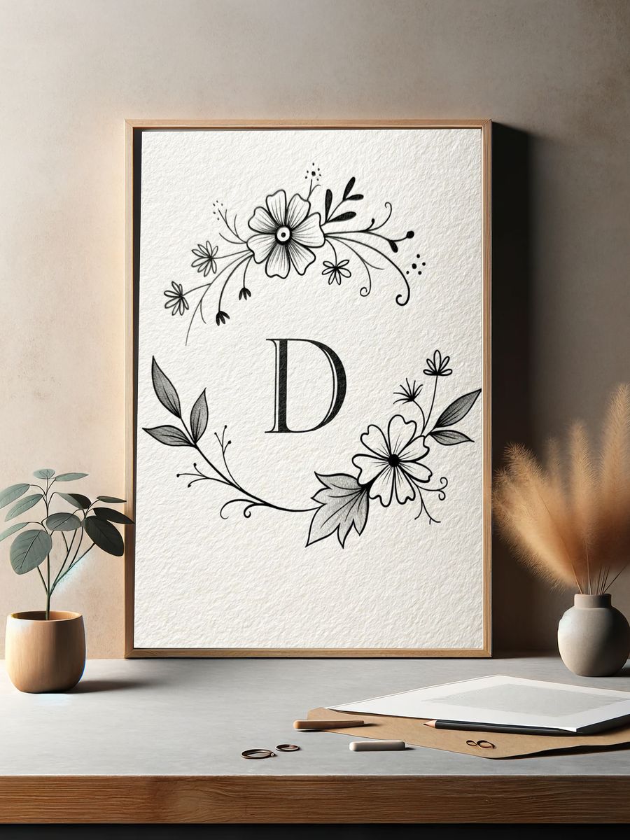 Floral Monogram D Typography Print. — room view 2