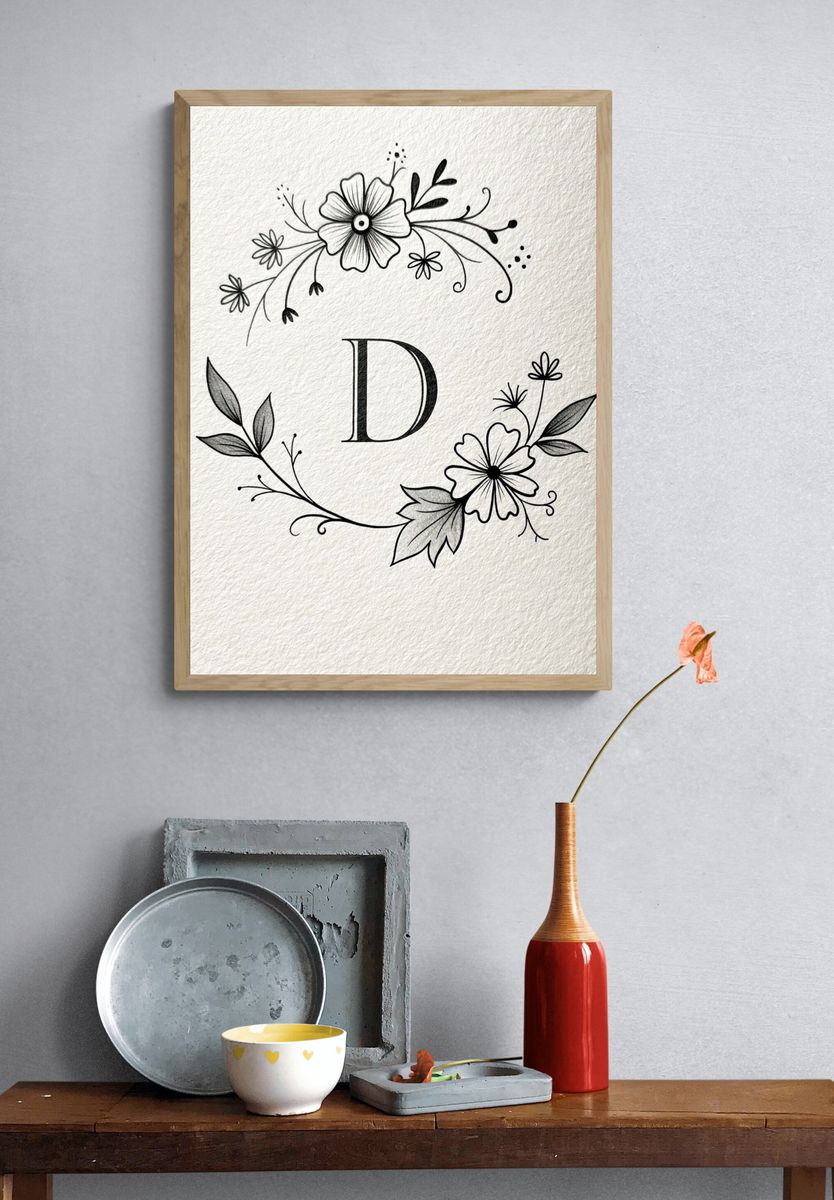 Floral Monogram D Typography Print. — room view 3