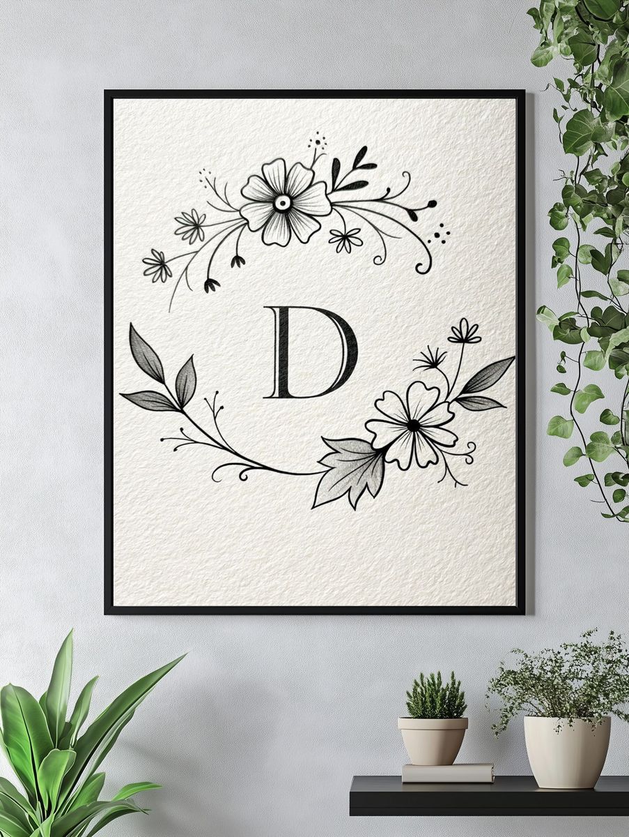 Floral Monogram D Typography Print. — room view 4