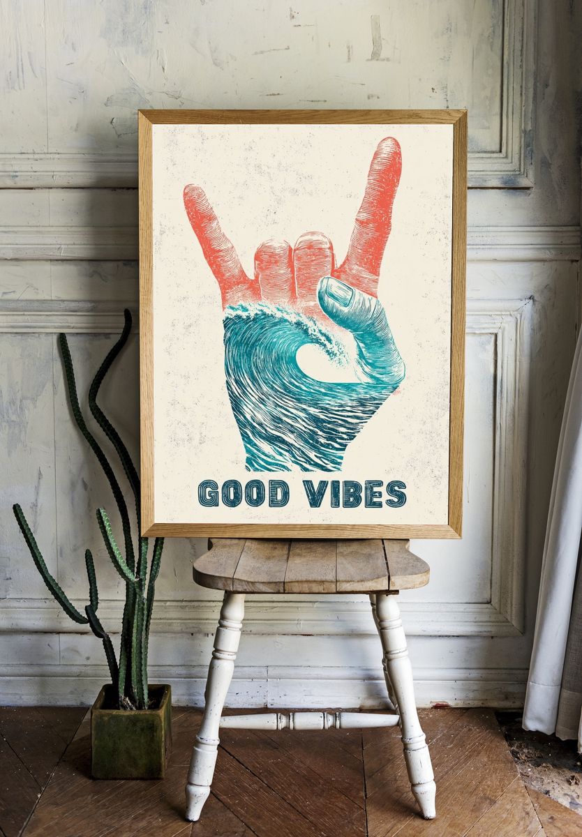 Good Vibes Hand Sign Typography Poster. — room view 1