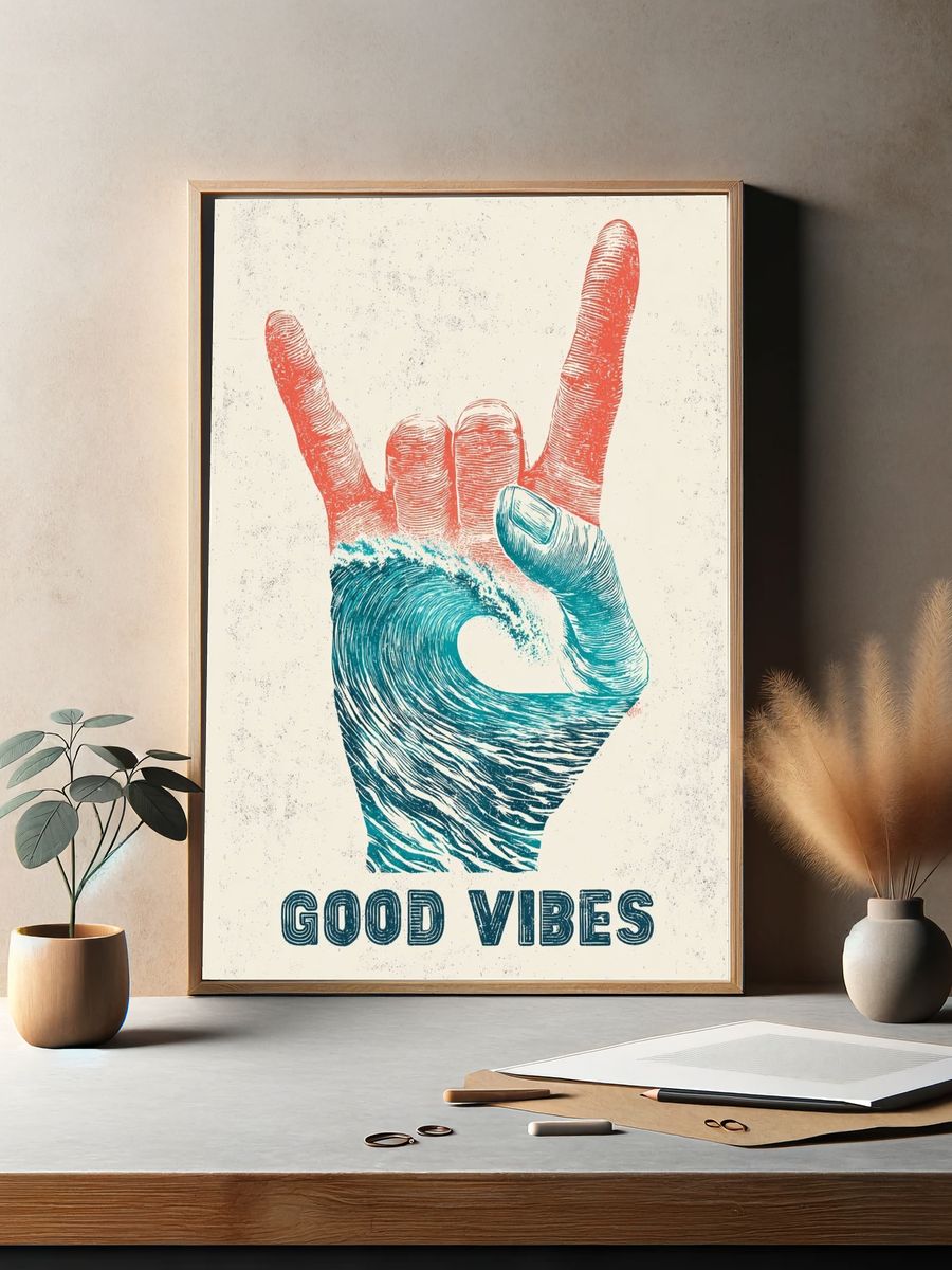 Good Vibes Hand Sign Typography Poster. — room view 2