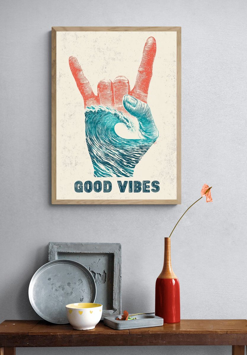 Good Vibes Hand Sign Typography Poster. — room view 3