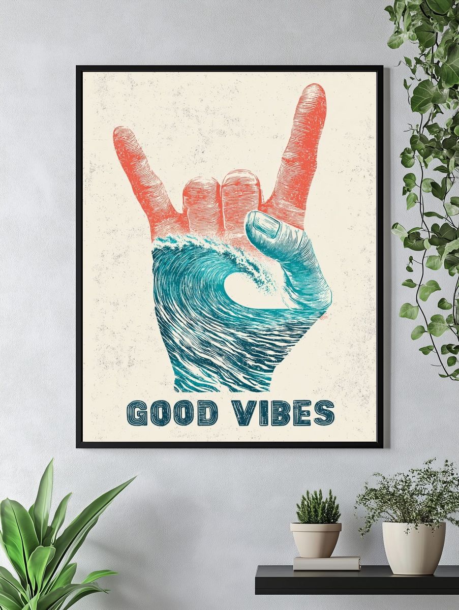 Good Vibes Hand Sign Typography Poster. — room view 4