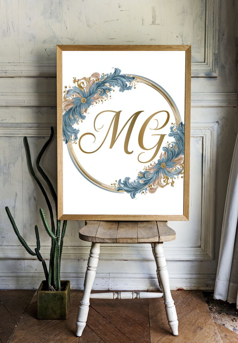 MG Floral Monogram Typography Poster. — room view 1