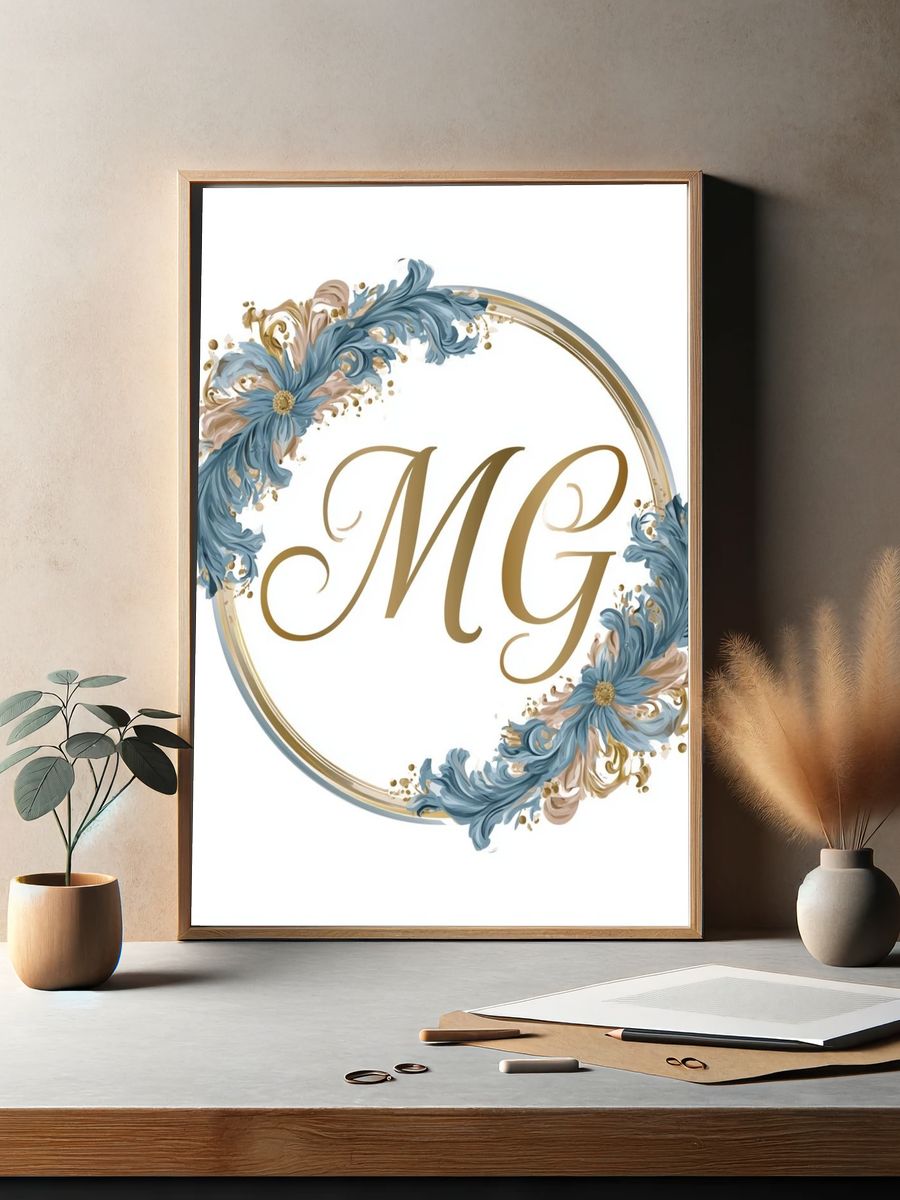 MG Floral Monogram Typography Poster. — room view 2