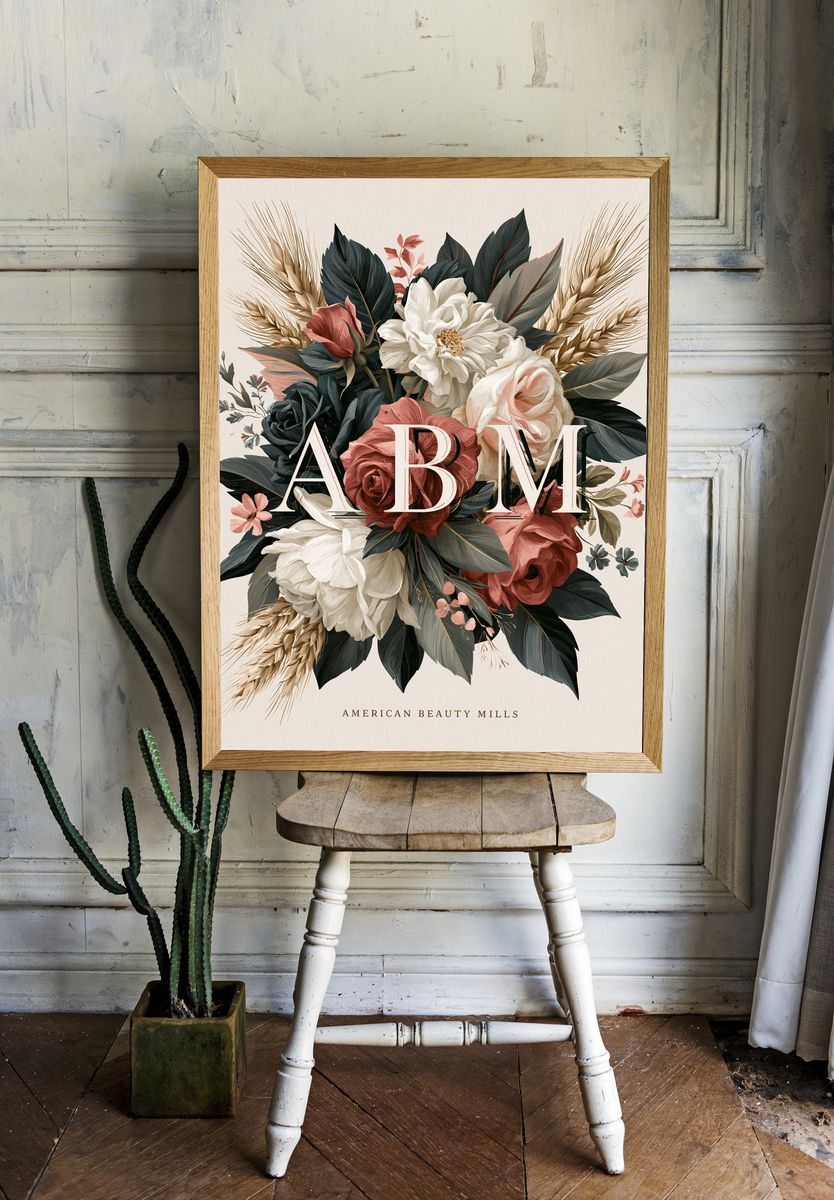 American Beauty Mills Floral Typography Poster. room preview