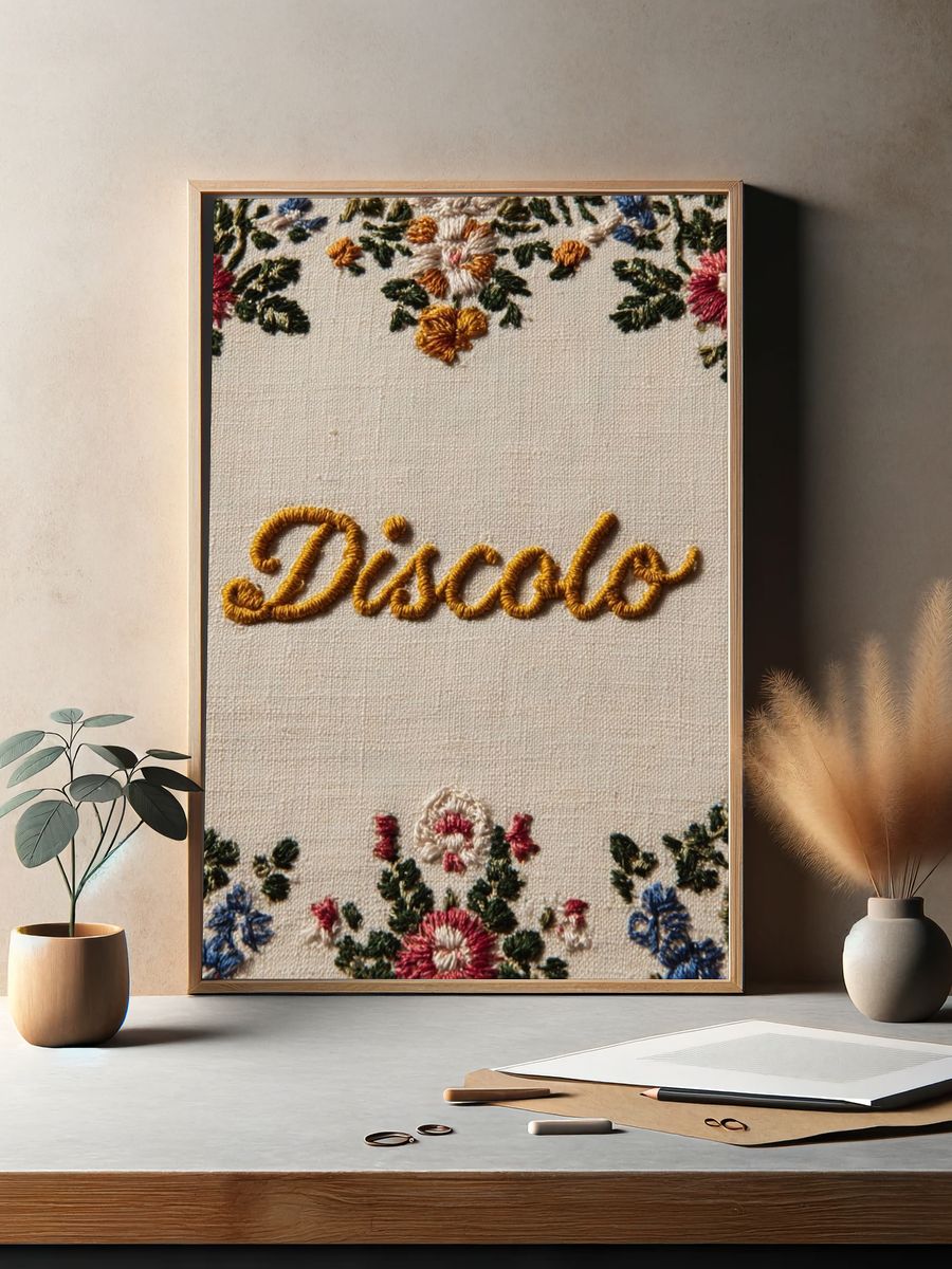 Discolo Embroidered Floral Typography Poster. — room view 2