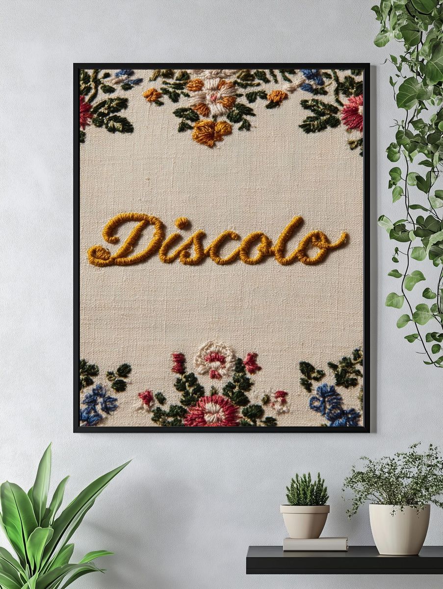 Discolo Embroidered Floral Typography Poster. — room view 4