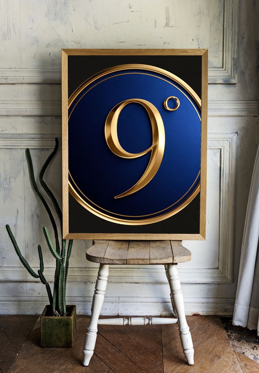 Gold 9 on Blue Typography Poster. room preview