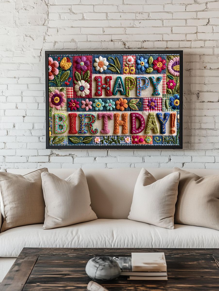 Happy Birthday Embroidery Typography Poster. room preview