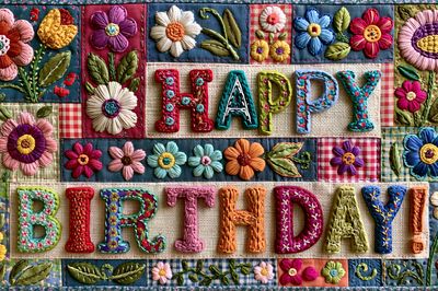 Happy Birthday Embroidery Typography Poster.