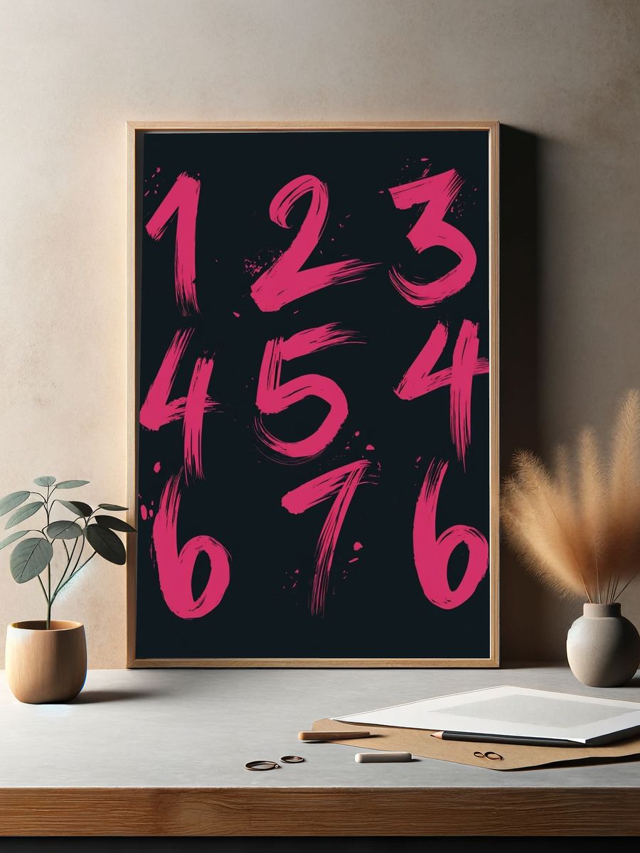 Neon Brush Numbers Typography Poster. — room view 2