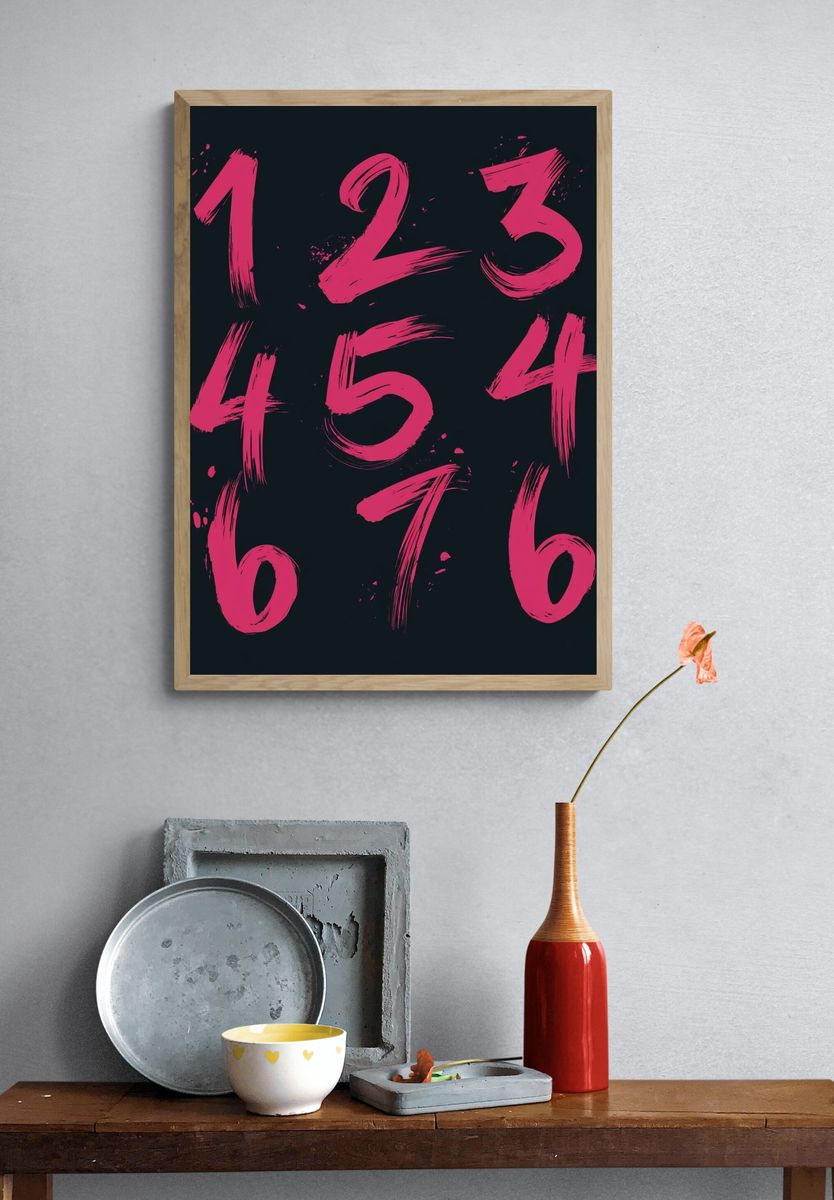 Neon Brush Numbers Typography Poster. — room view 3