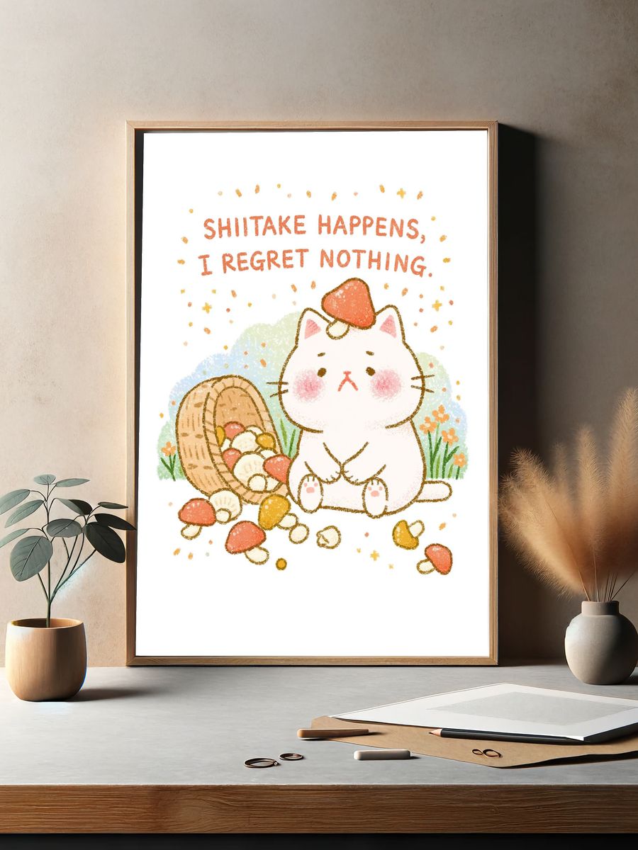 Cat Mushroom Quote Typography Poster. — room view 2