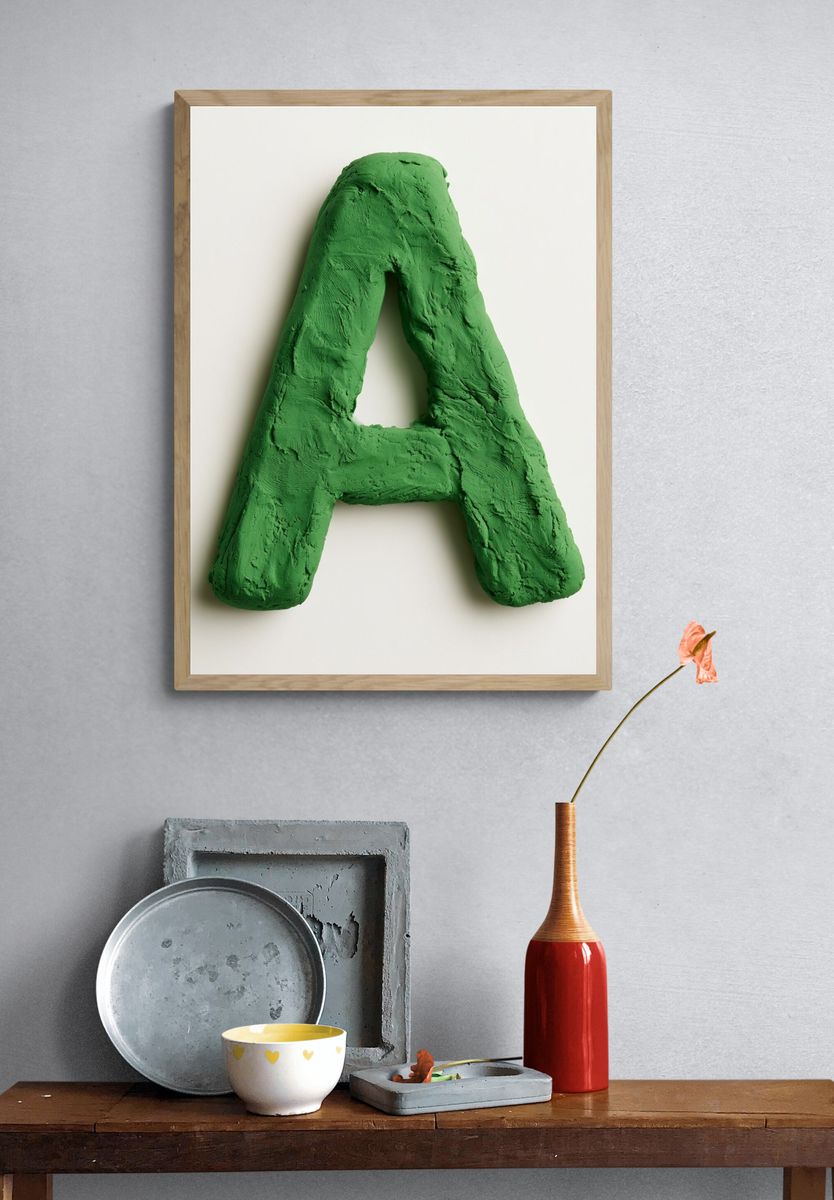 Green Clay Letter A Typography Poster. — room view 3