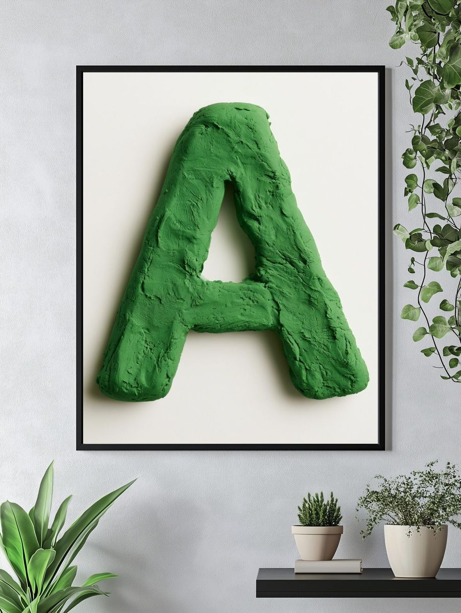 Green Clay Letter A Typography Poster. — room view 4