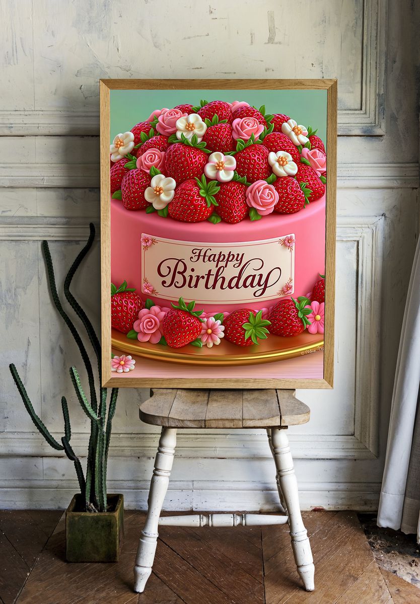 Happy Birthday Strawberry Cake Typography Poster. — room view 1