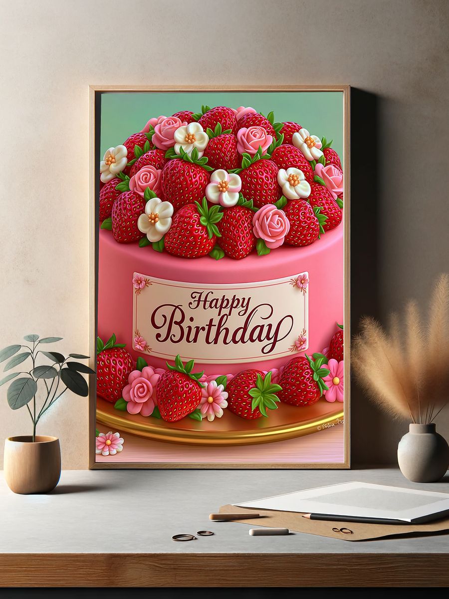 Happy Birthday Strawberry Cake Typography Poster. — room view 2